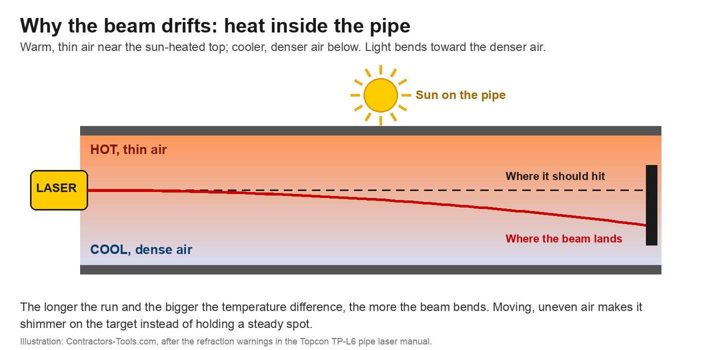 Diagram: a laser beam bending in a sun-heated pipe toward the cooler air at the bottom