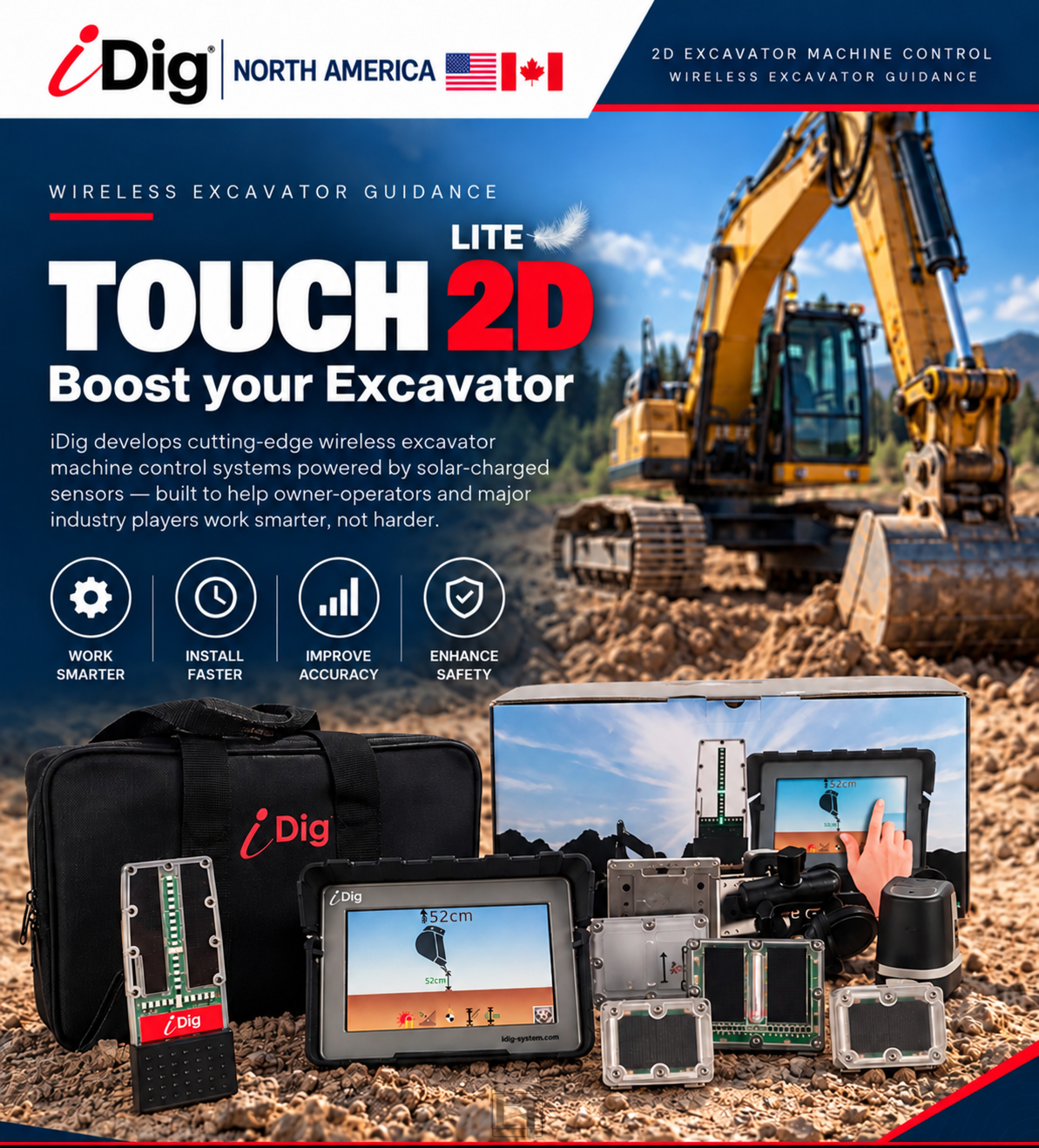 iDig TOUCH 2D LITE wireless excavator guidance &mdash; the complete system: carry case, touchscreen control box, LED bargraph and wireless solar sensors