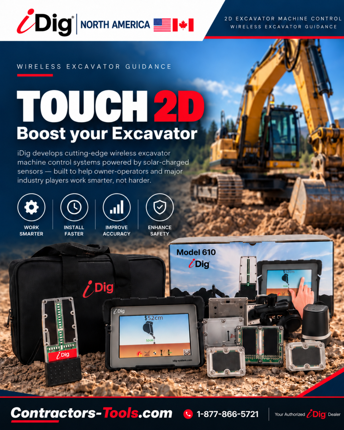 iDig TOUCH 2D XD610 wireless excavator guidance &mdash; the complete system: carry case, 7 inch control box, LED bargraph, wireless solar angle sensors and mounting plates