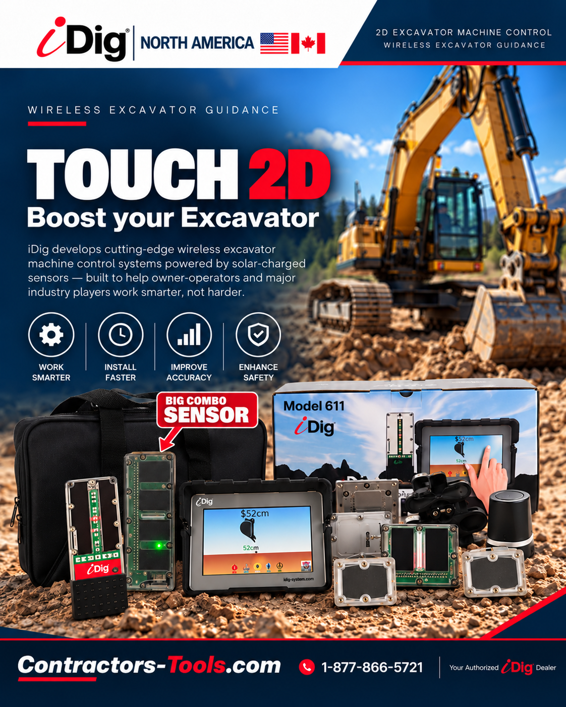 iDig TOUCH 2D XD611 wireless excavator guidance &mdash; the complete system: carry case, 7 inch control box, LED bargraph, wireless solar angle sensors and mounting plates