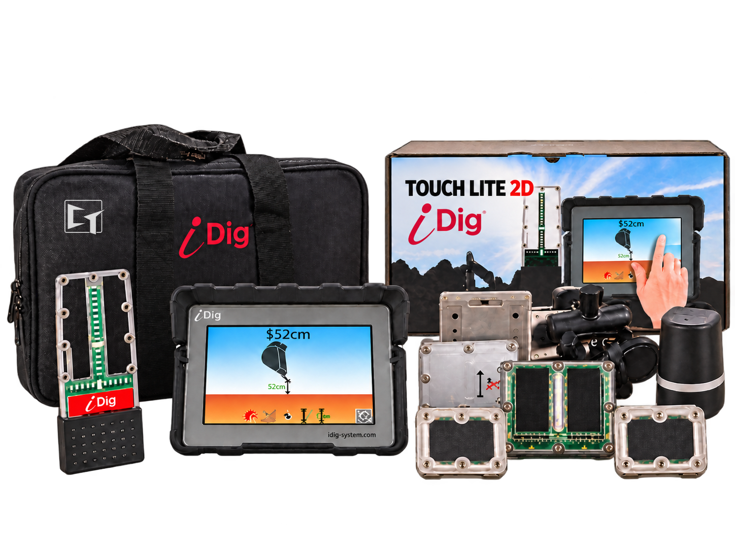 iDig TOUCH 2D LITE complete kit contents &mdash; padded carry case, touchscreen control box, LED bargraph, wireless solar angle sensors, chassis sensor and mounting plates