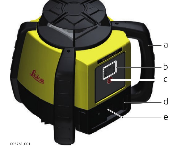 Leica Rugby 620 body: carry handle, display, buttons, battery compartment and charge jack