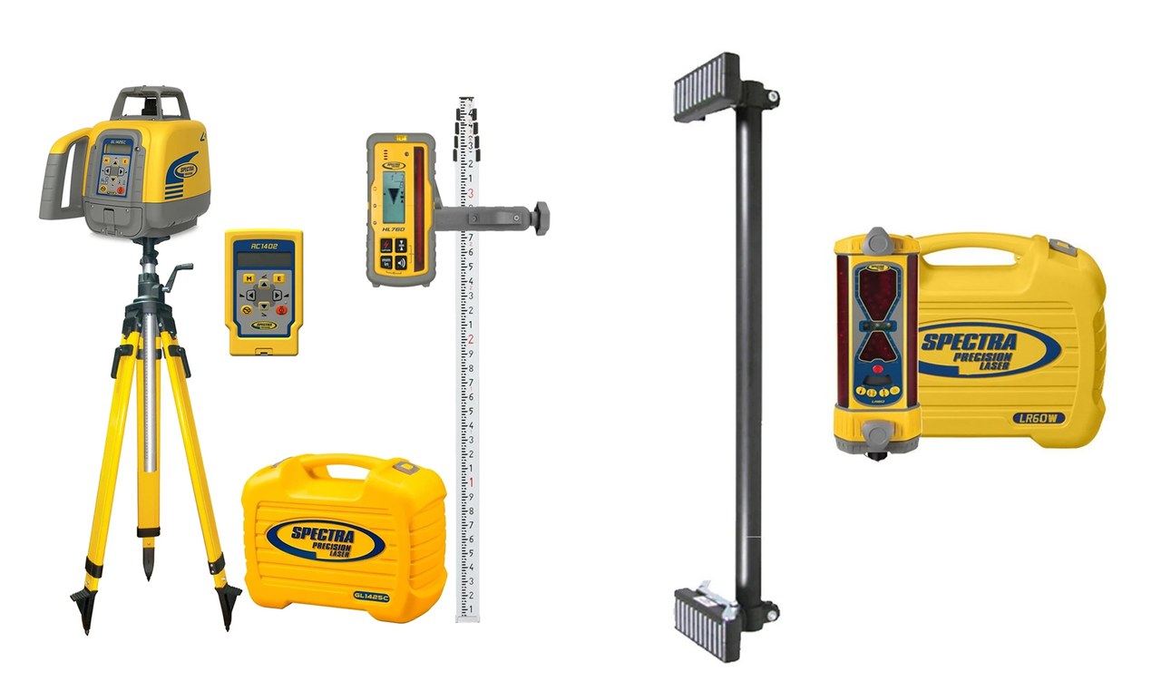 Spectra GL1425C-ExcavatorProMAXX-21 kit: GL1425C laser, elevator tripod, HL760 receiver, RC1402 remote, grade rod, LR60-MM machine receiver and MM-1 magnetic mount